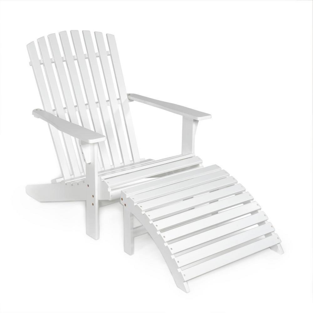 Saranac 2-Piece Traditional Rustic Acacia Wood Adirondack Chair with Detachable Ottoman, White - JONATHAN Y