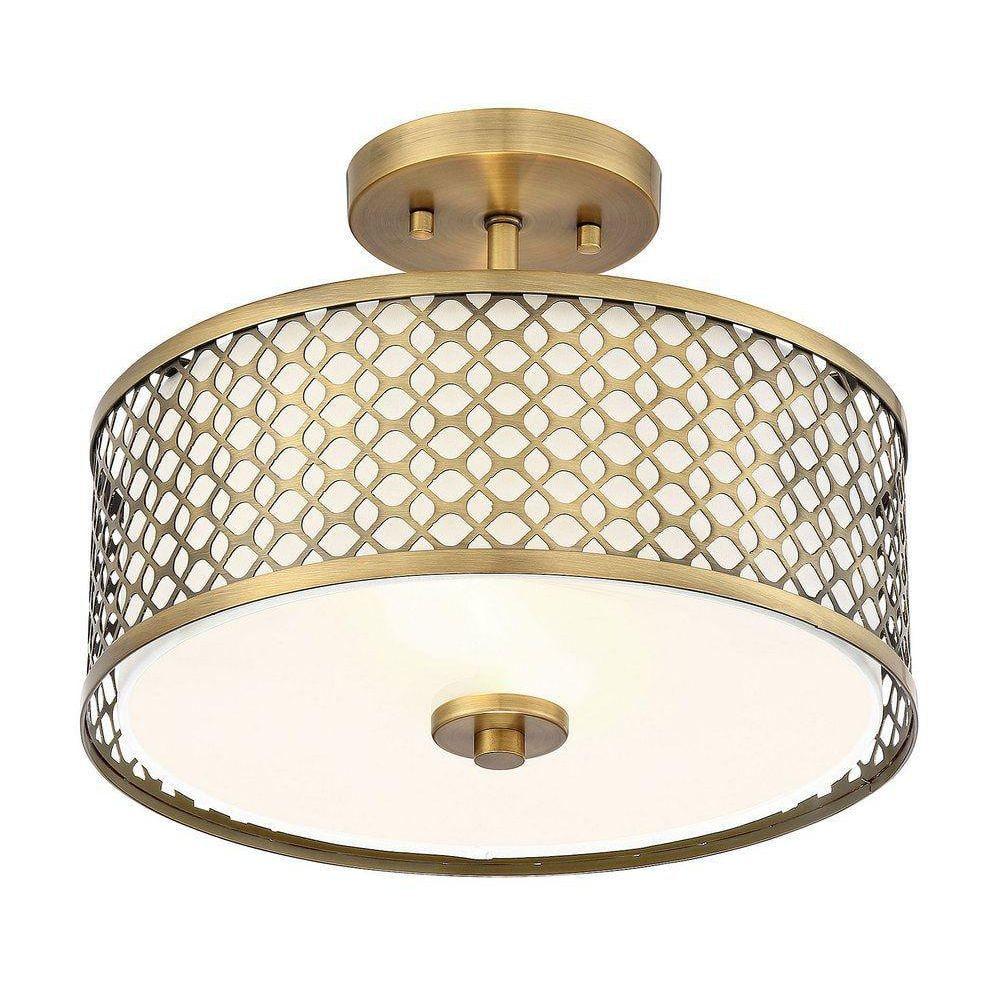 Meridian Elegance 2-Light Natural Brass Ceiling Light with Cream Fabric Shade