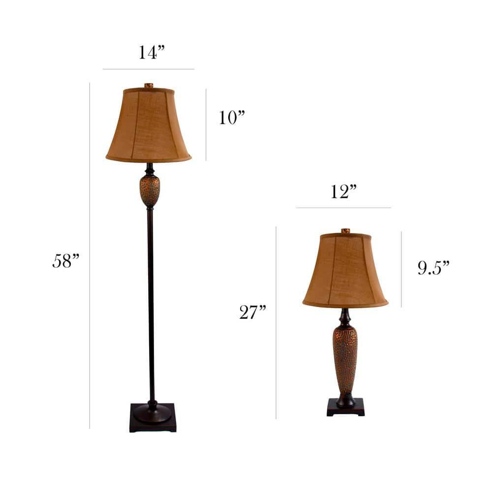 3pk Hammered Lamp Set (2 Table Lamps and 1 Floor Lamp) Bronze - Elegant Designs: UL Listed, Cotton Shades