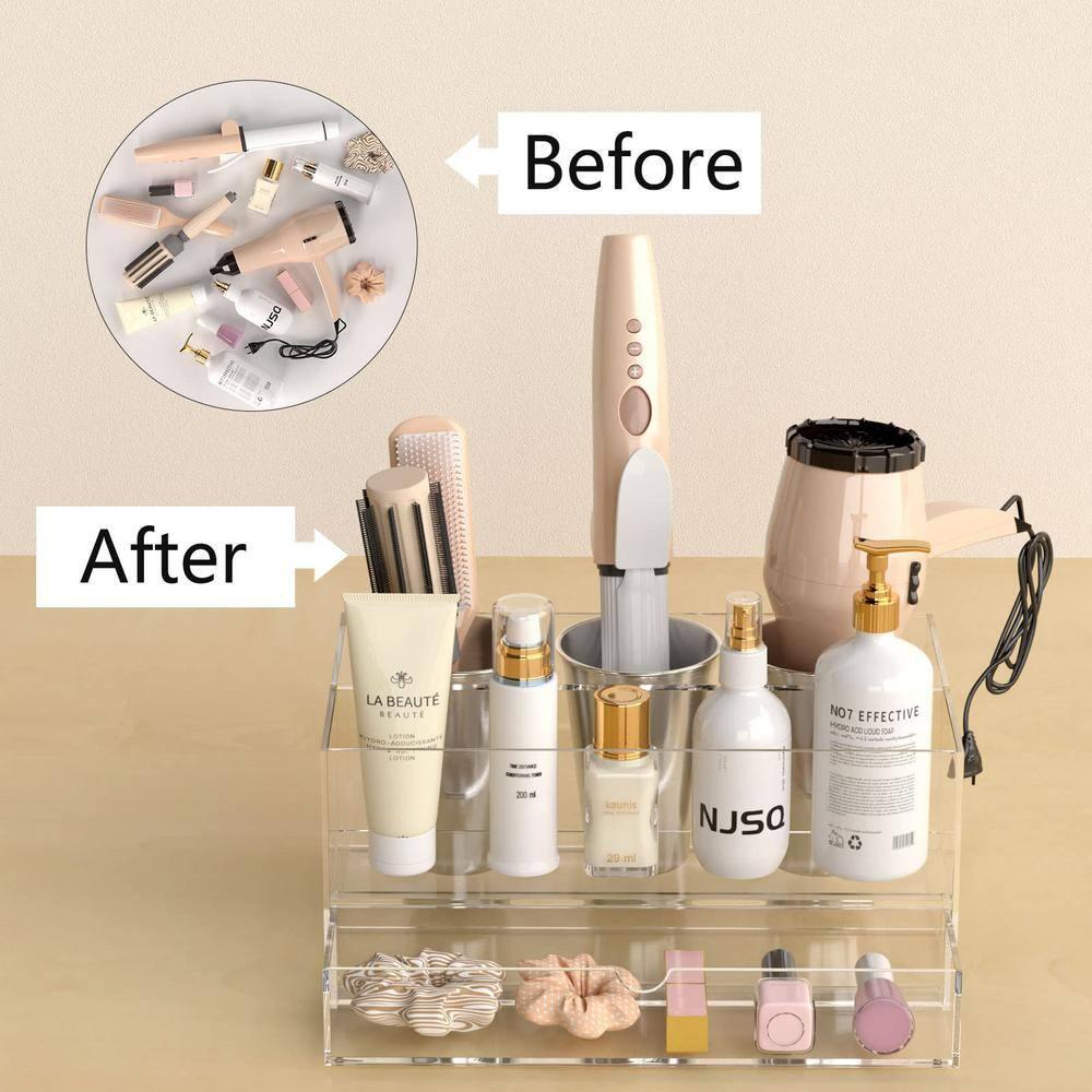 NIUBEE Hair Tool Organizer, Clear Acrylic Hair Dryer and Styling Organizer with Drawer, Bathroom Countertop Blow Dryer Holder, Vanity Caddy Storage Stand for Accessories, Makeup, Toiletries