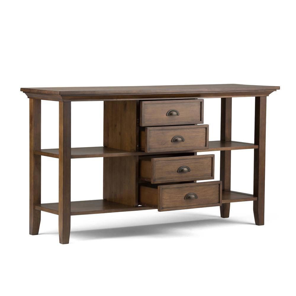 Simpli Home Redmond 54"W Solid Wood Storage Console Table with 4 Center Drawers and Open Shelves