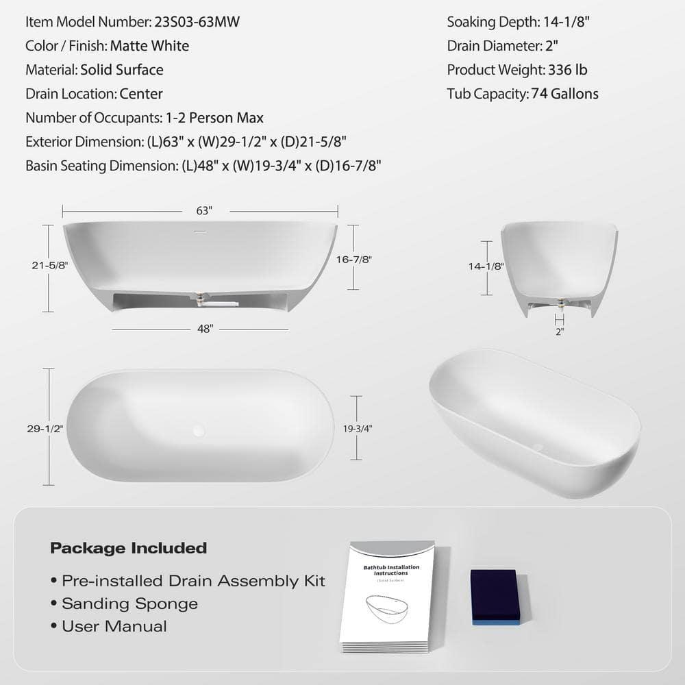 63" Matte White Acrylic Freestanding Soaking Bathtub