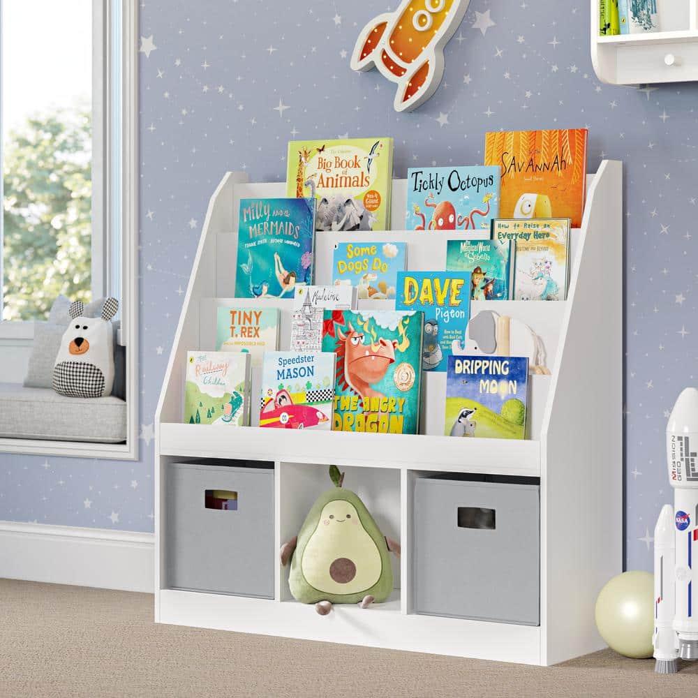 RiverRidge Kids Playroom Bookrack with 3 Toy Organizer Cubbies and 4 Book Shelves - White with 2 Gray Fabric Bins
