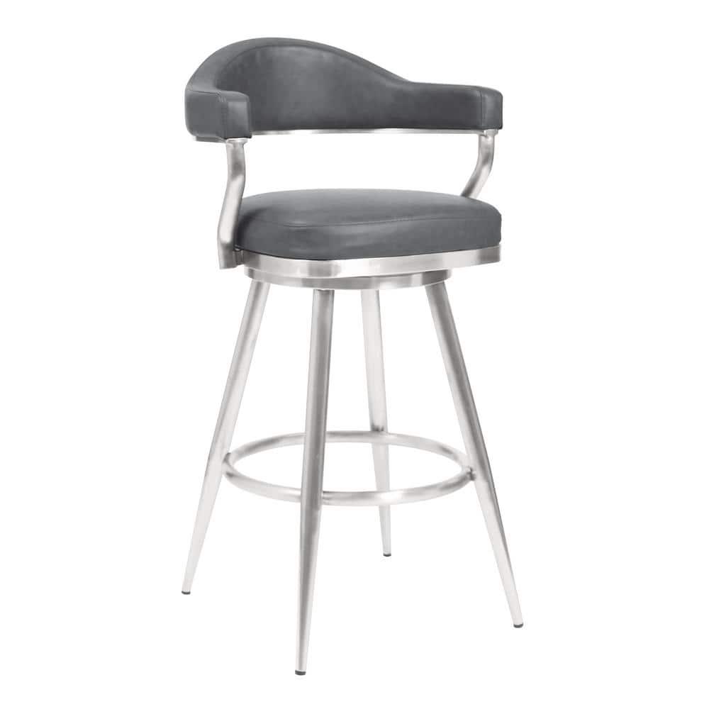 Homestock Baroque Bonanza 30" Bar Height Barstool in Brushed Stainless Steel and Gray Faux Leather