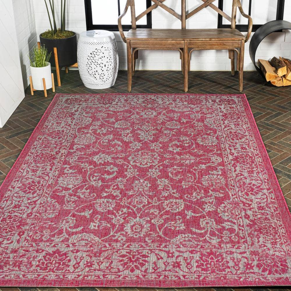 9' x 12' Tela Bohemian Textured Weave Floral Indoor/Outdoor Area Rug, Fuchsia/Light Gray - JONATHAN Y
