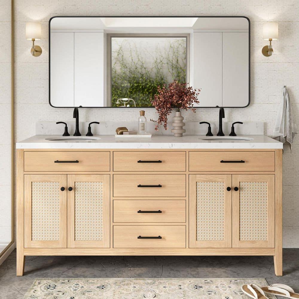 Camila 72 in. W x 22 in. D x 36 in. H Double Oval Sink Bath Vanity in White Oak with Carrara White Quartz Top