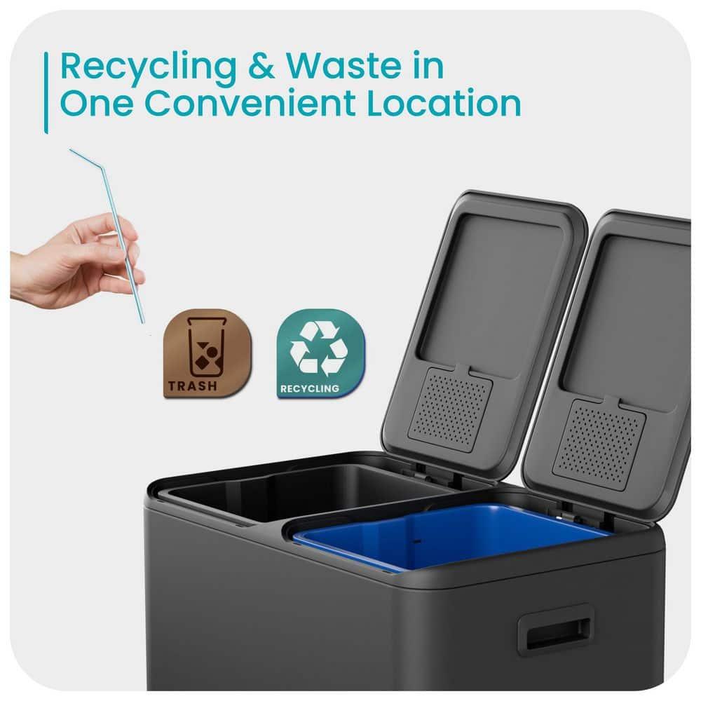 Home Zone Living Home Zone Living 16 Gallon Stainless Steel Kitchen Trash Can and Recycling Dual Compartments with Step Pedals and Soft-Close Lids