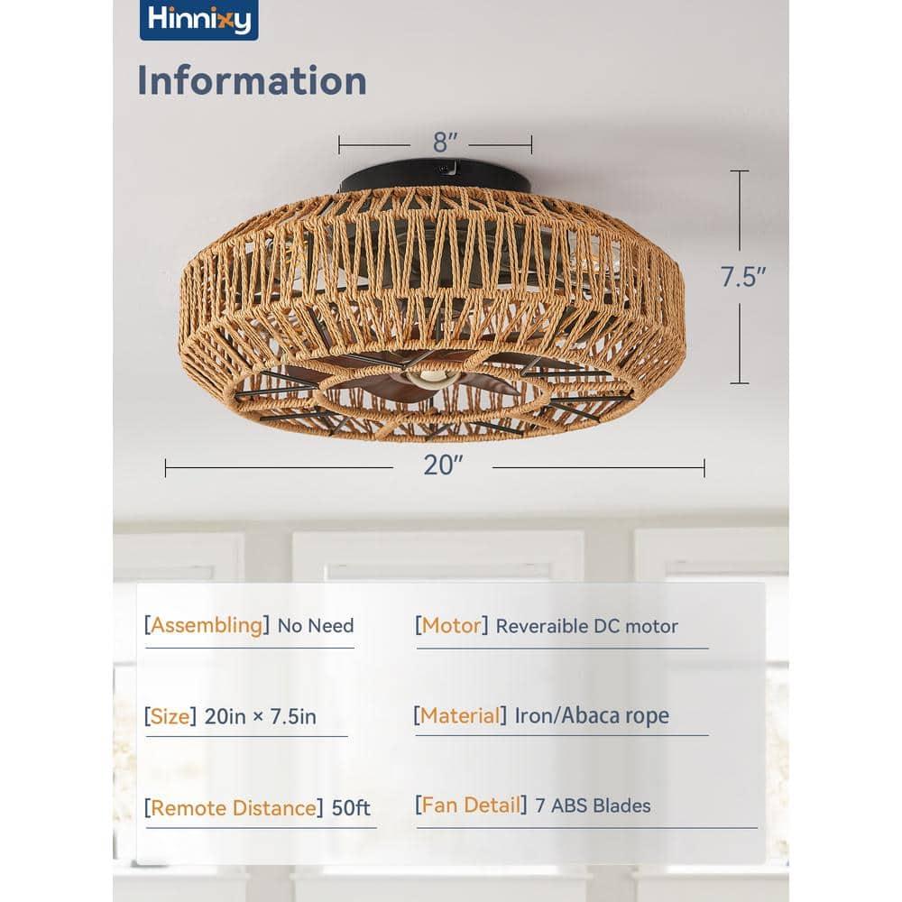 20'' Boho Rattan Caged Ceiling Fan with Light and Remote, Farmhouse Flush Mount Boho Ceiling Fan Light Low Profile Bladeless Ceiling Fan Timing 6 Speeds Reversible, Brown