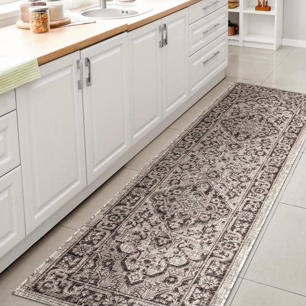 2'x8' Rozetta Boho Medallion Textured Weave Indoor/Outdoor Runner Rug, Gray/Black - JONATHAN Y