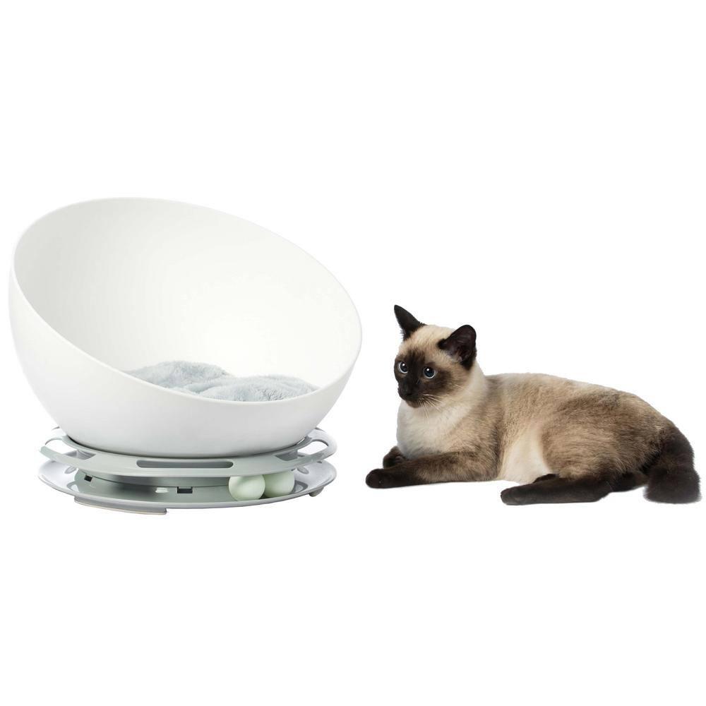 White Plastic Round Cat Lounge with Plush Velvet Cushion