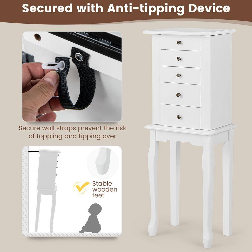 Standing Jewelry Cabinet Armoire with Top Flip Mirror, Jewelry Box Chest with 4 Drawers, Top Compartments, 8 Necklace Hooks and 2 Side Doors, White