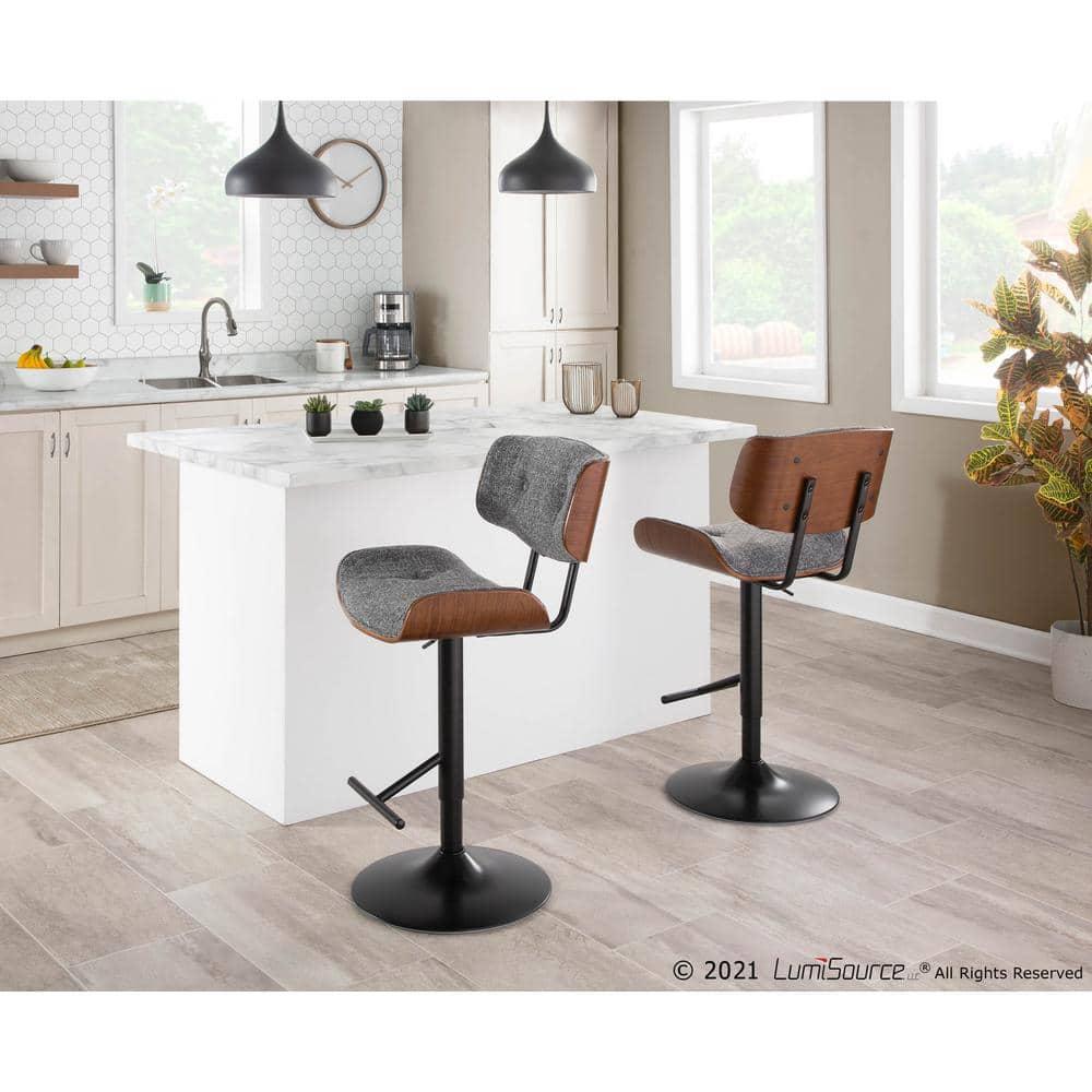 Lombardi Mid-Century Modern Barstool In Black Metal And Grey Noise Fabric With Walnut Wood Accent
