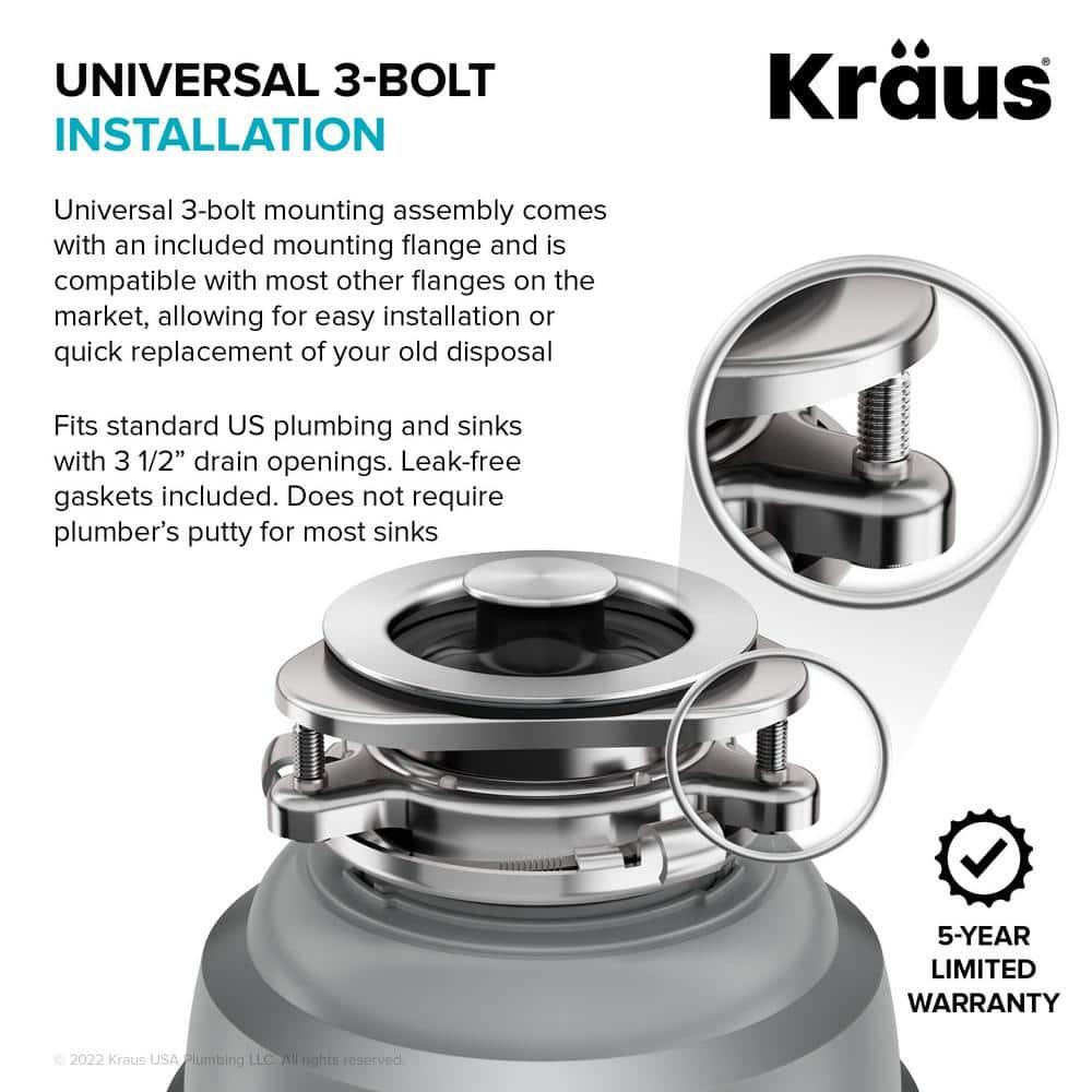 Kraus KRAUS Wasteguard High-Speed 1 HP Continuous Feed Ultra-Quiet Motor Garbage Disposal With Power Cord And Flange Included And Universal Mount, KWD200-100MGR