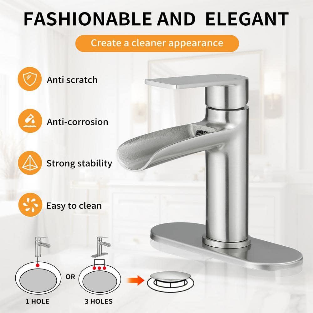 BWE Bathroom Faucets Waterfall Bathroom Faucet with Pop Up Drain for Bathroom Sink Single Hole Farmhouse RV Bathroom Basin Faucet Brushed Nickel