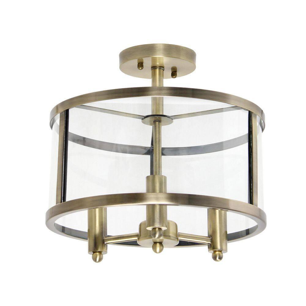 3-Light 13" Industrial Farmhouse Glass/Metallic Accented Semi-flushmount Ceiling Light Brass - Lalia Home: UL Listed, Metal Body, E12 Base