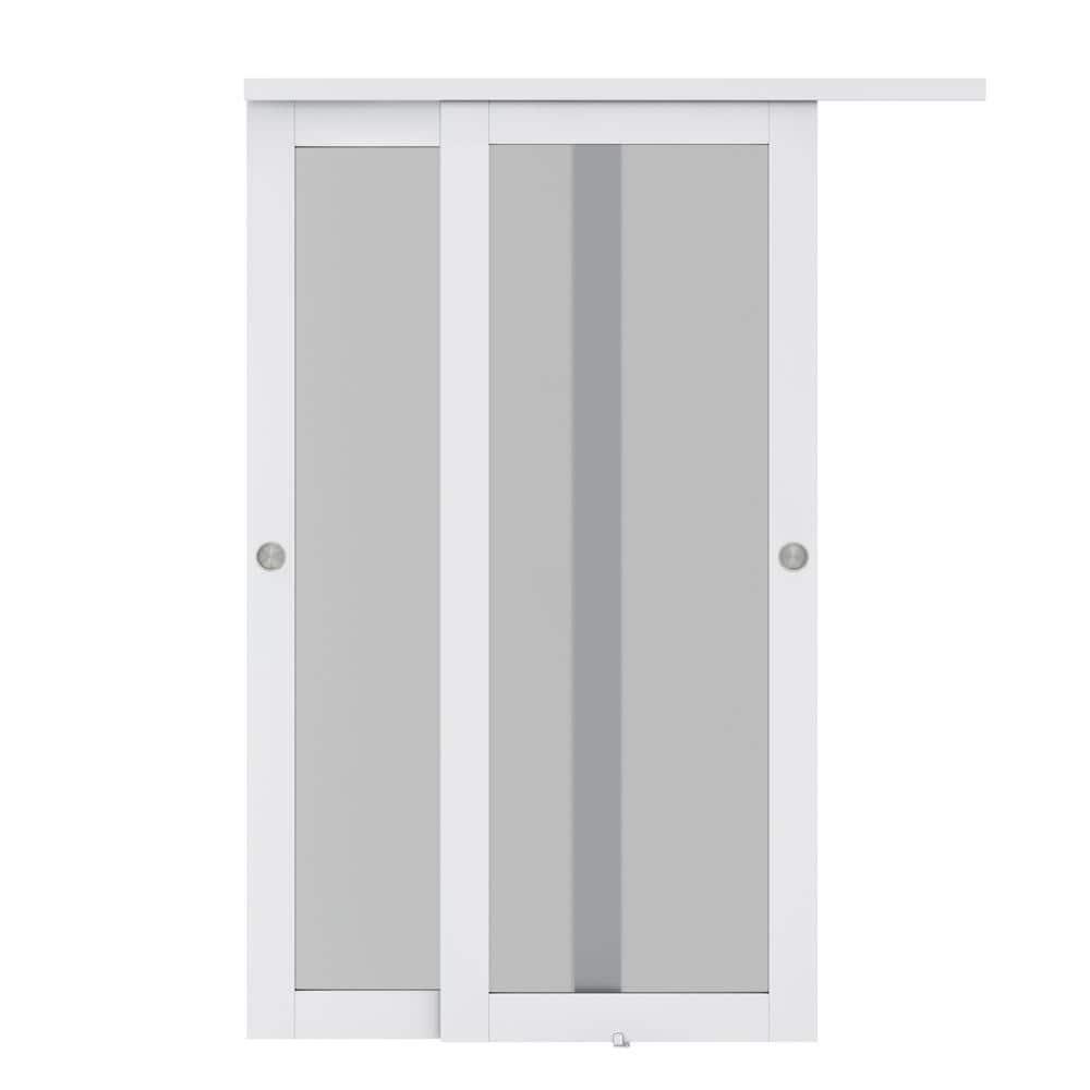 Calhome 1-Lite Frosted Tempered Glass Sliding Double Bypass Closet Door with Installation Hardware Kit