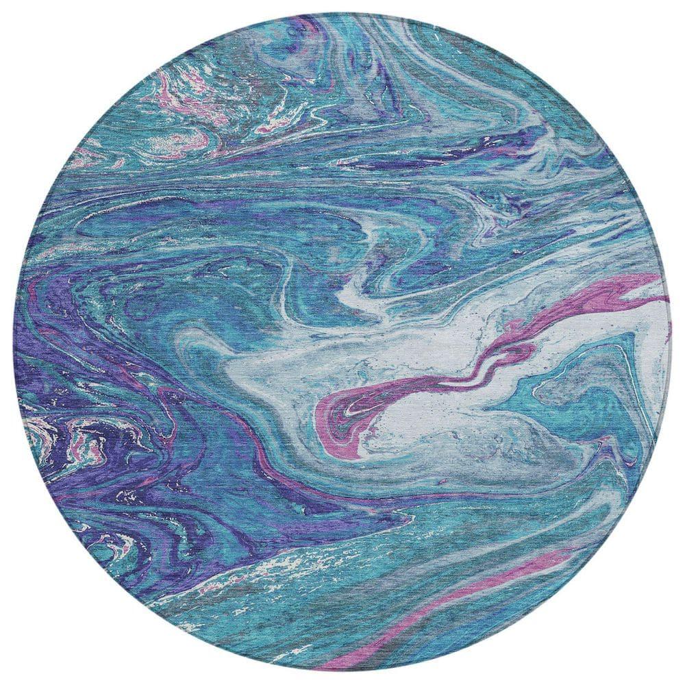 Addison Rugs Chantille Indoor/Outdoor Transitional Geometric, Abstract Teal Washable Round Rug, 8' x 8'