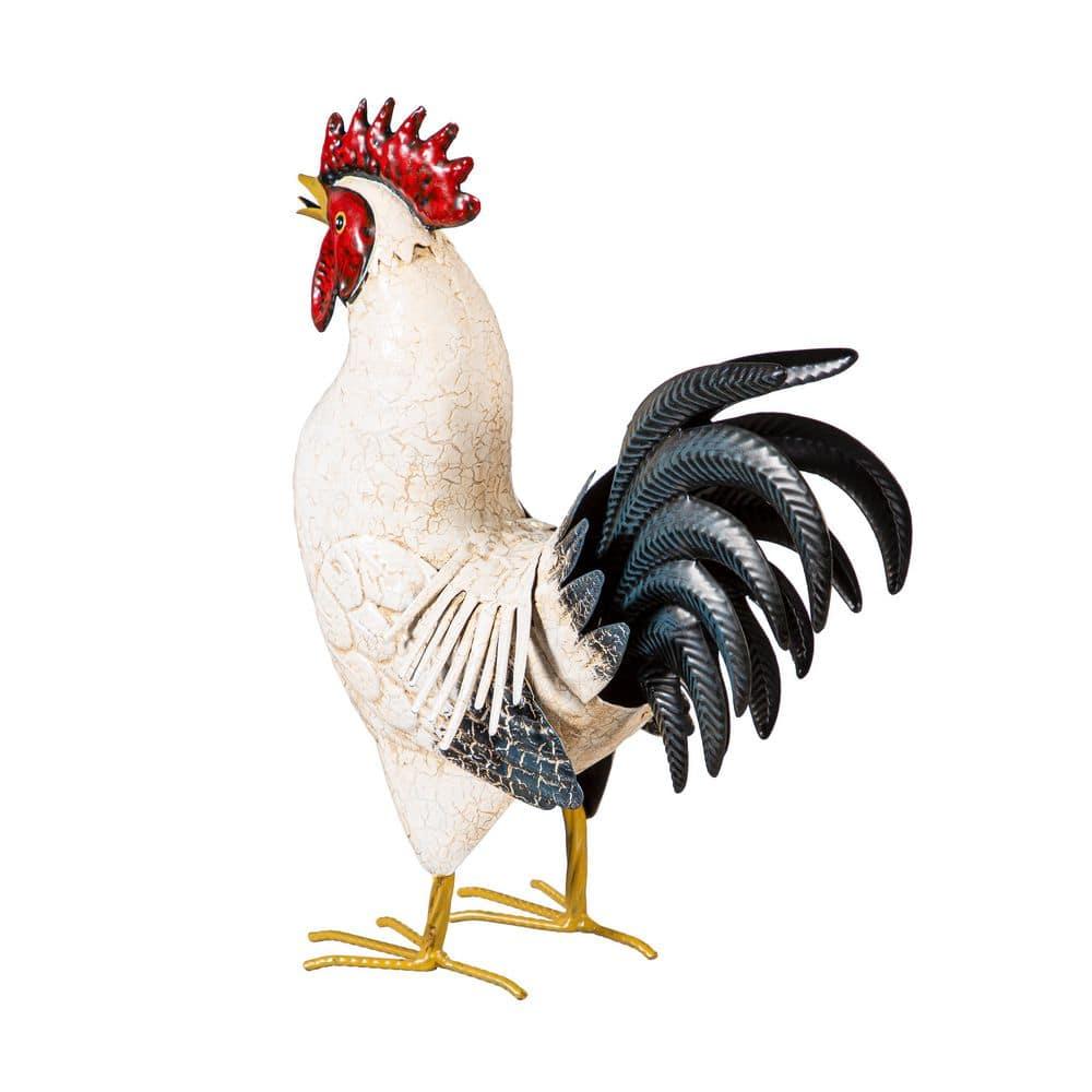 14 in. H Metal Rooster with Light Feathers Garden Statue