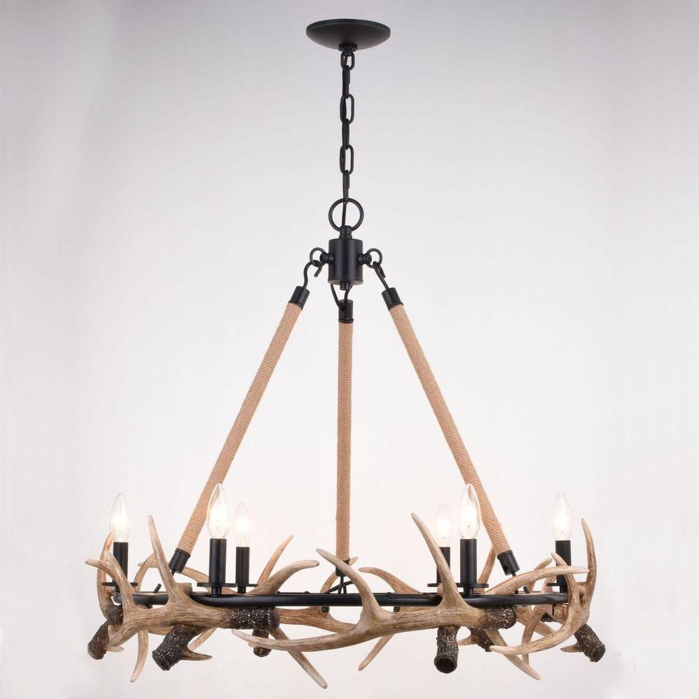 Vaxcel Breckenridge 6 Light Bronze Rustic Antler Chandelier Natural Rope Accent