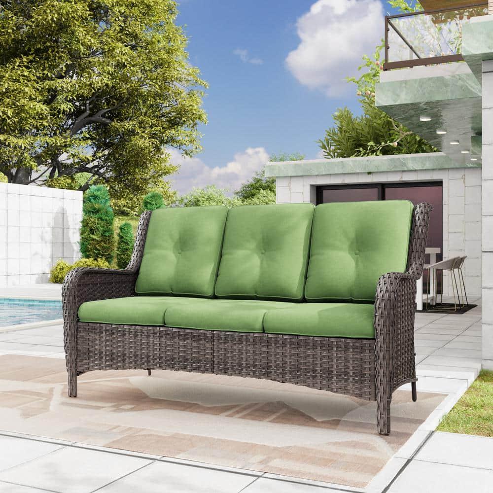 3-Seat Wicker Outdoor Patio Sofa Sectional Couch with Green Cushions