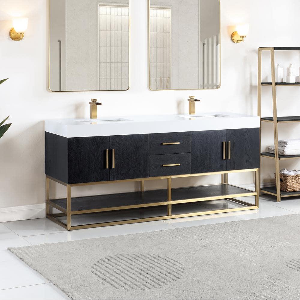 Altair Tocador de 4 Puertas de Madera y Piedra Compuesta de Diseño Bianco en Roble Negro/blanco