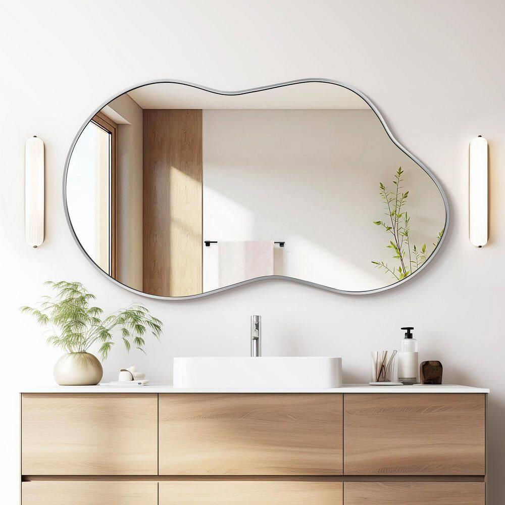 36 in. W. x 20 in. H Irregular Silver Aluminum Alloy Framed Wall Mirror Asymmetrical Wall Mirror