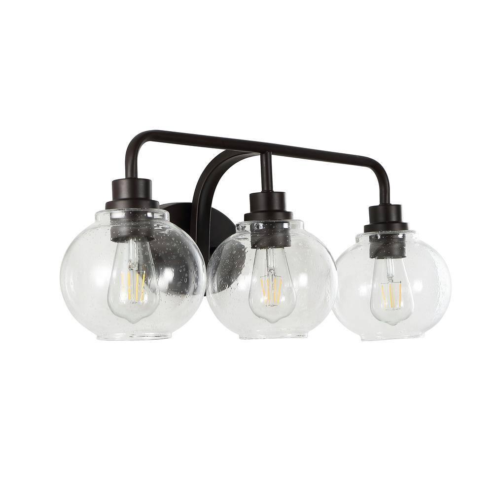 JONATHAN Y Sandrine 26.25" 3-Light Iron/Seeded Glass Cottage Rustic LED Vanity Light, Oil Rubbed Bronze