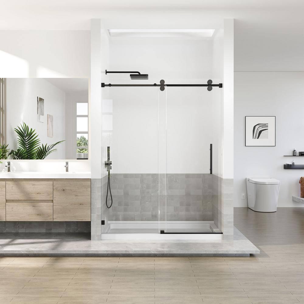 OPVANDE MT 8-2001-6076BLK 56-60 In. W X 76 In. H Single Sliding Frameless Shower Door With 5/16 In. (8 Mm) Tempered Glass