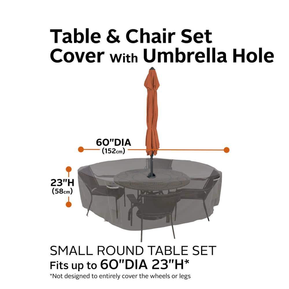 Classic Accessories Ravenna® Round Patio Table & Chair Set Cover with Umbrella Hole - Premium Outdoor Furniture Cover with Water Resistant Fabric, Small (55-800-025101-EC)