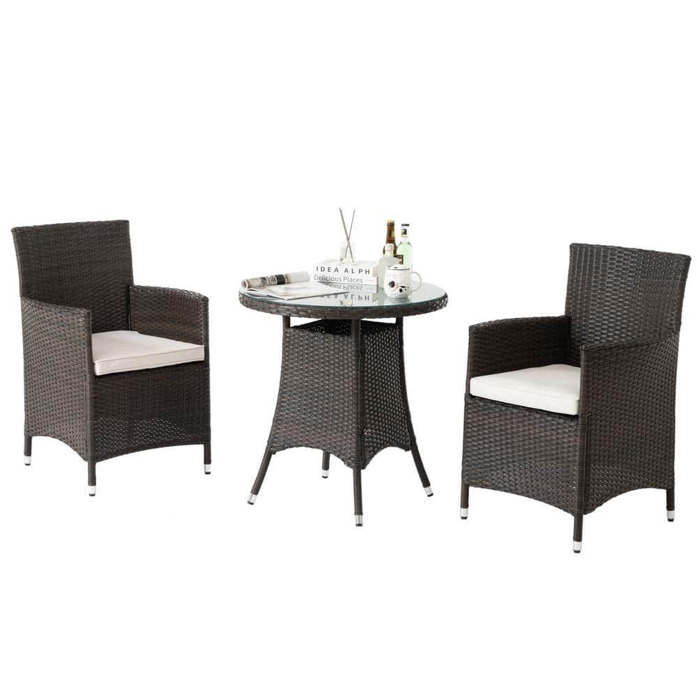 3 Piece Outdoor Dining Set, All-Weather Wicker Patio Dining Table and Chairs with Cushions and Round Tempered Glass Tabletop, Conversation Set for Patio Backyard Porch Garden Poolside, Brown