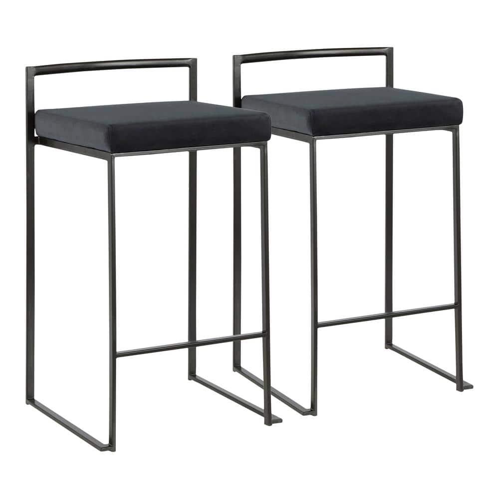 Set of 2 26" Fuji Contemporary Counter Height Barstools Velvet Black - LumiSource: Metal Frame, Stackable, Padded