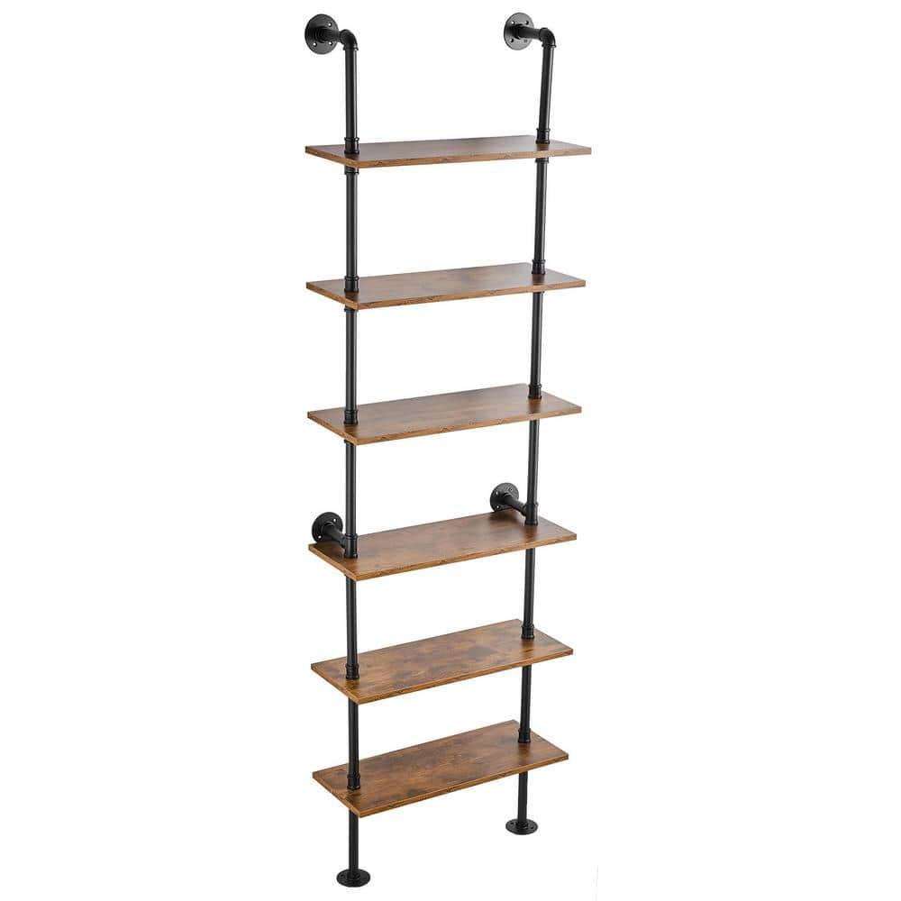 VEVOR Industrial Pipe Shelf, 6 Tier 24x9.84in, Wall-Mount Floating Rustic Wood Shelves Bracket Display Bookshelf, Storage Rack Sundries Holder for Kitchen Bedroom Bathroom Living Room, Black
