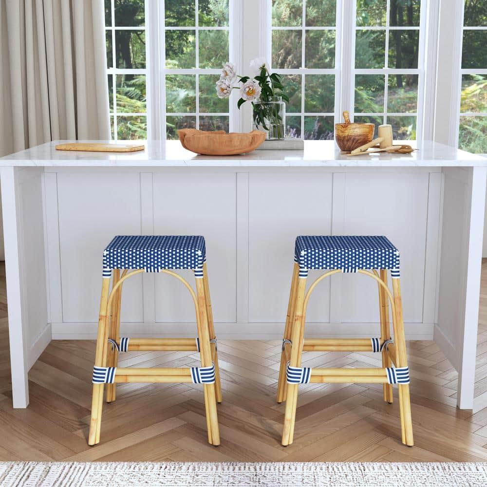 Butler Specialty Company Robias Rectangular Rattan 30" Bar Stool - Blue & White
