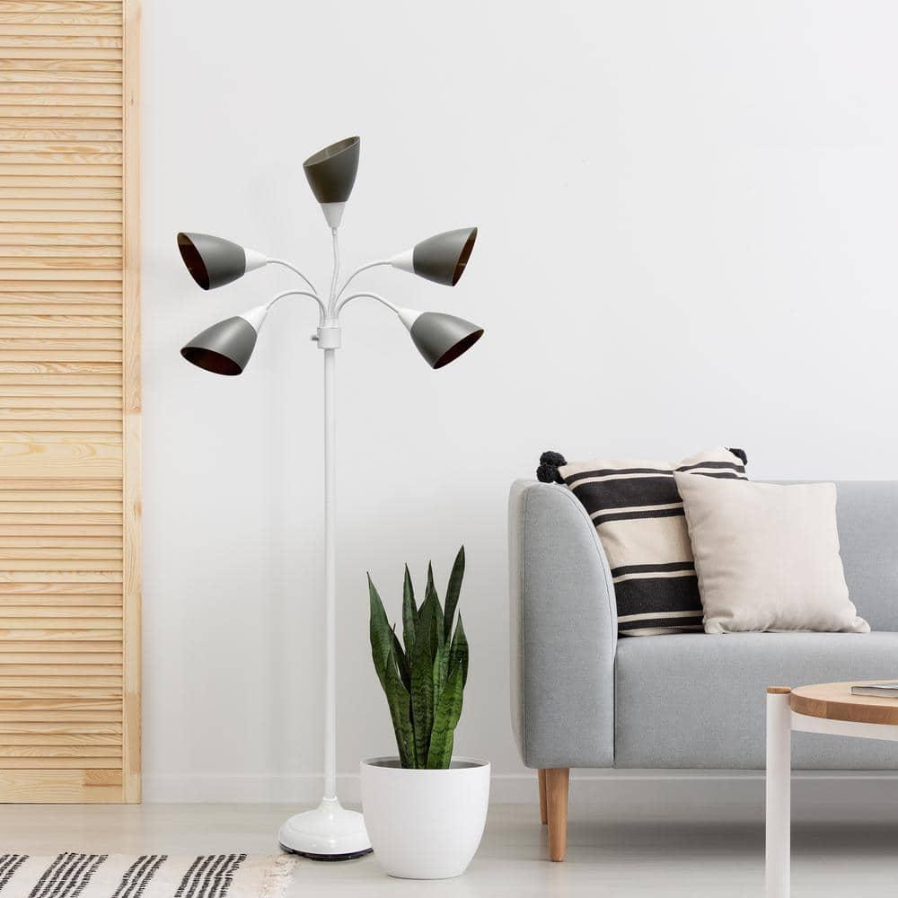 Simple Designs 67" Contemporary Multi 5-Head Adjustable Gooseneck Floor Lamp with Shades Gray : ETL Listed, Metal Body, Rotary Dimmer Switch