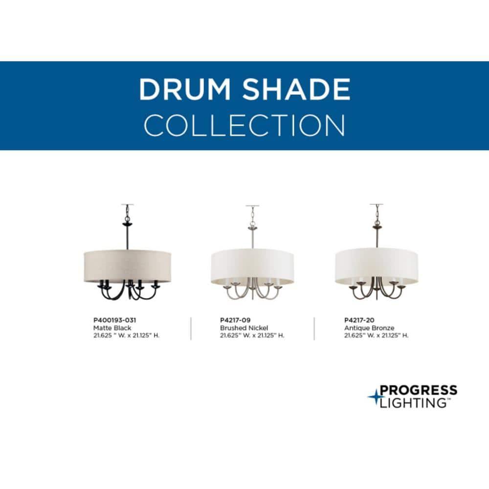 Progress Lighting, Drum Shade Collection, 5-Light Pendant, Black Finish, Harvest Linen Shade