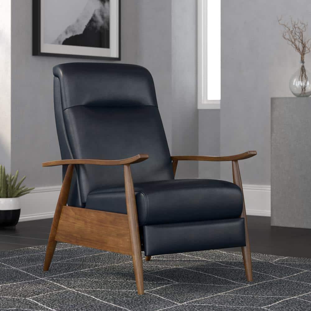 Solaris Midnight Blue Faux Leather Wooden Arm Push Back Recliner Chair