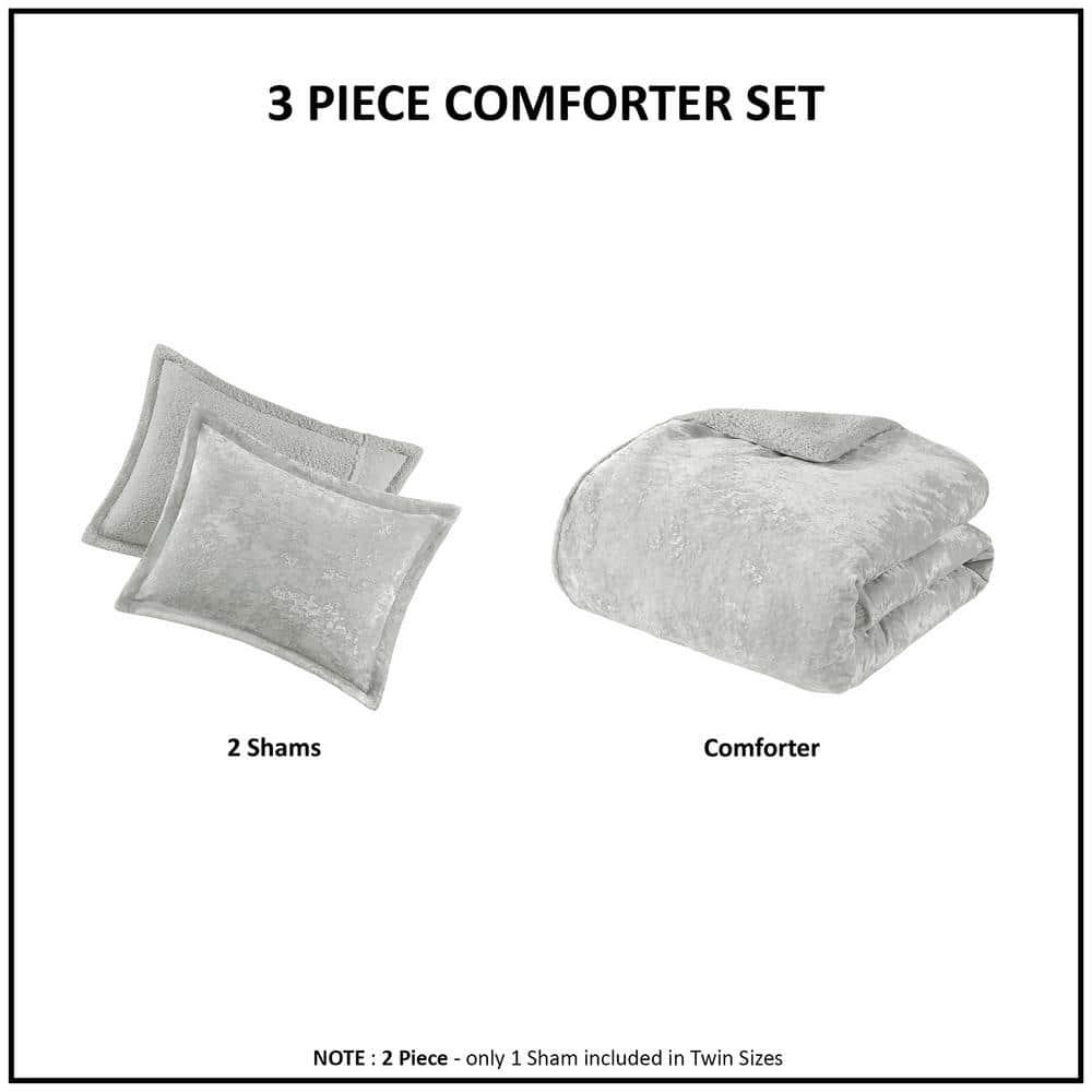 Twin/Twin XL Arabella Crushed Velvet to Faux Shearling Soft Reversible Teen Comforter Set Silver - Intelligent Design: Hypoallergenic Velvet Bedding