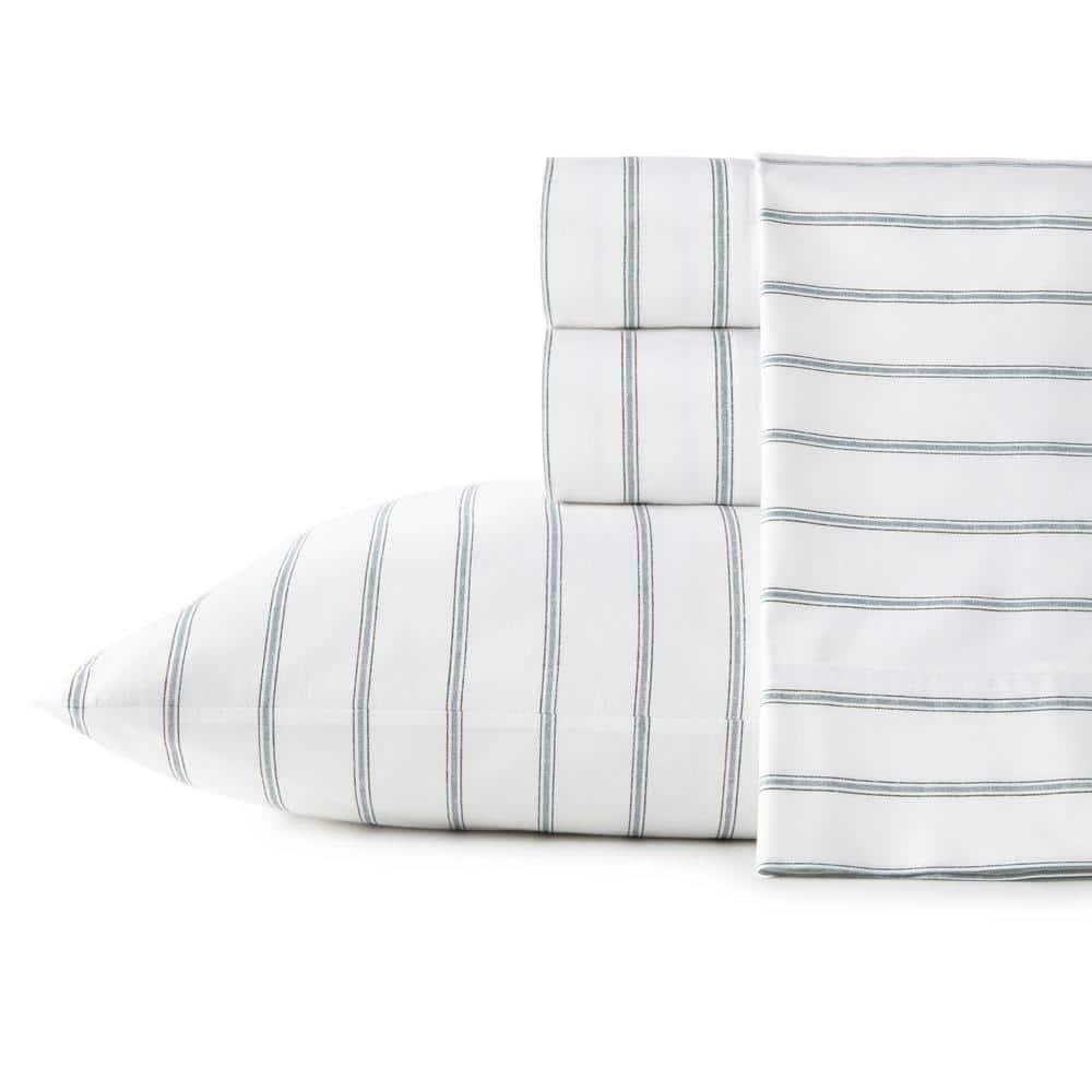 Twin Printed Pattern Percale Cotton Sheet Set Green Stripe - Stone Cottage