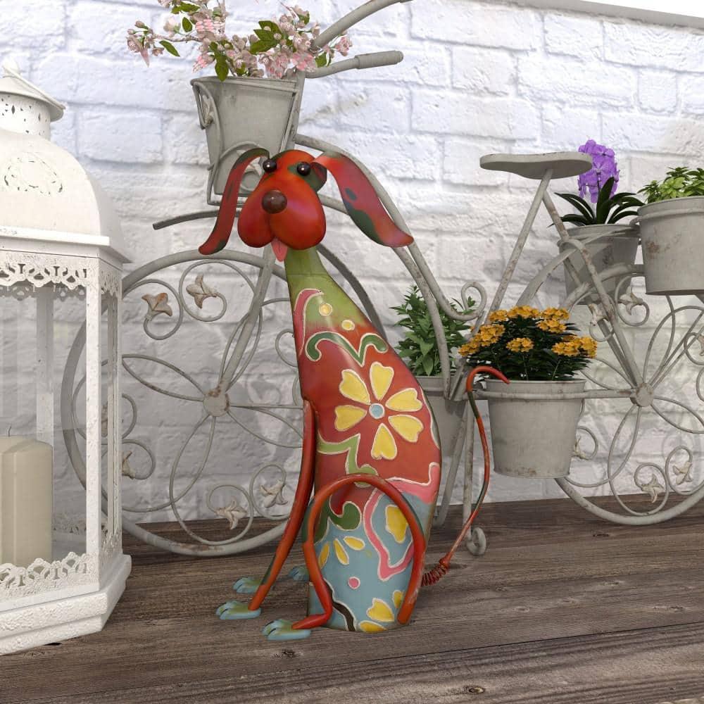 DecMode Eclectic Metal Indoor/Outdoor Multi Colored Dog Sculpture with Floral Design, 12"W x 17"H