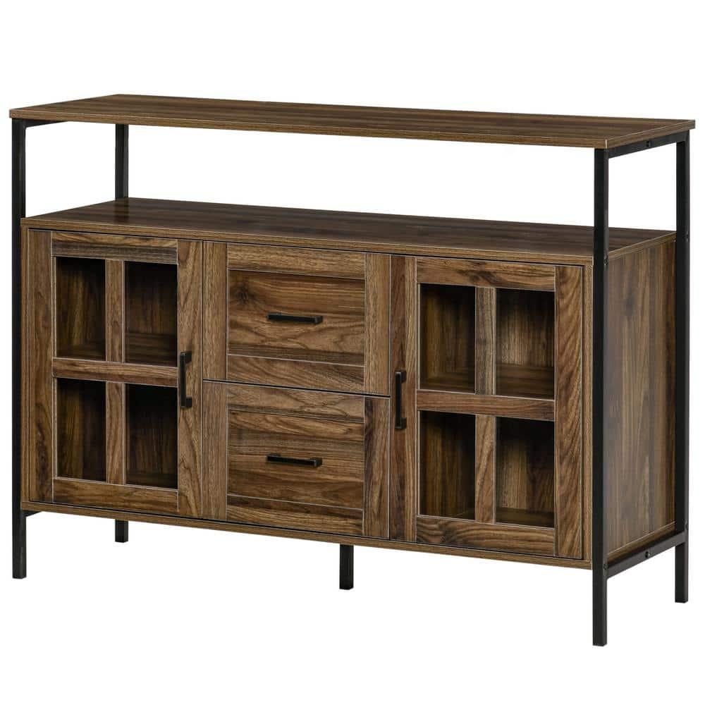 HOMCOM Rustic Kitchen Sideboard, Serving Buffet Storage Cabinet with Adjustable Shelves, Glass Doors, and 2 Drawers for Living Room