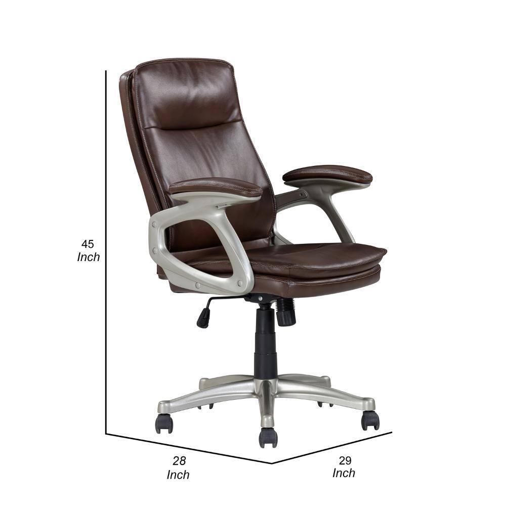 Benjara BM314719 28 in. Office Gaming Chair with 360 deg Swivel, Faux Leather, Brown, Silver & Black