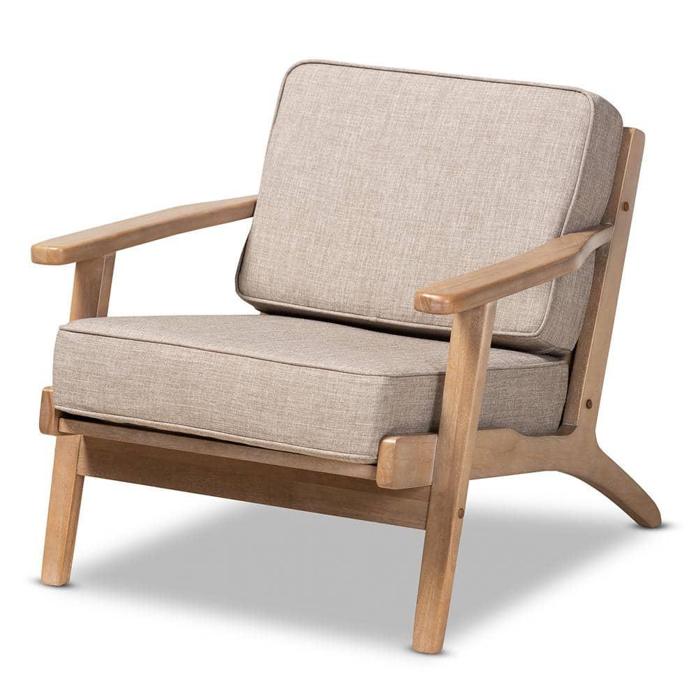 George Oliver Emsworth Mid-Century Modern 2-Piece Antique Oak Finished Armchair and Ottoman Set in Light Grey Fabric