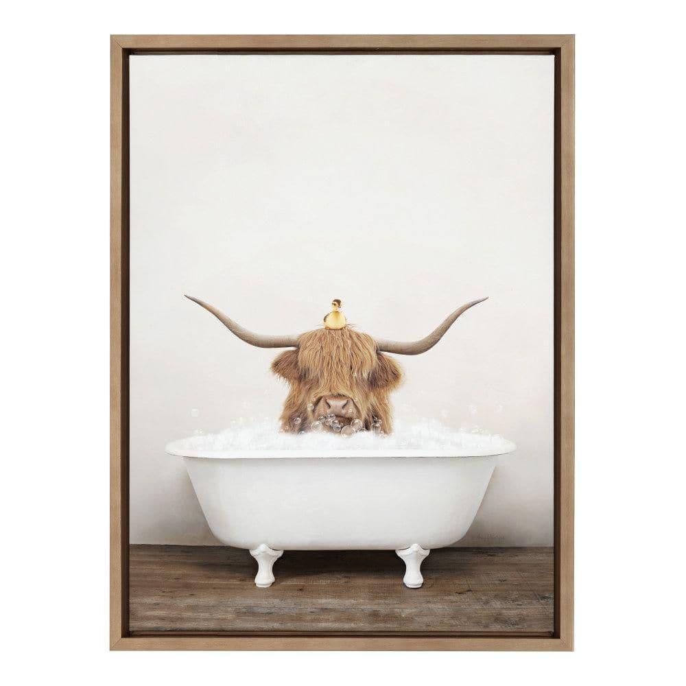Kate and Laurel Sylvie Highland Cow and Duckling in Rustic Bath Framed Canvas by Amy Peterson Art Studio, 18x24, Gold