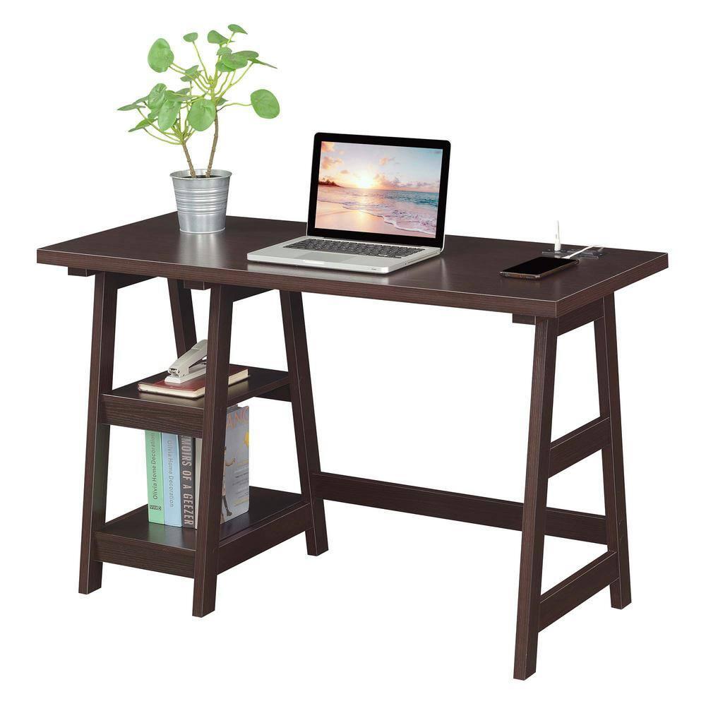 Convenience Concepts Designs2Go 29.25" Trestle Desk w Charging Station & Shelves, Espresso, All Ages