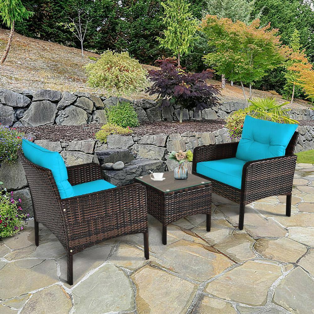 YYAo Garden Conversation Table Set, Conversation Loveseat Chairs Set, 3 Pcs Outdoor Patio Rattan Conversation Set with Seat Cushions-Turquoise