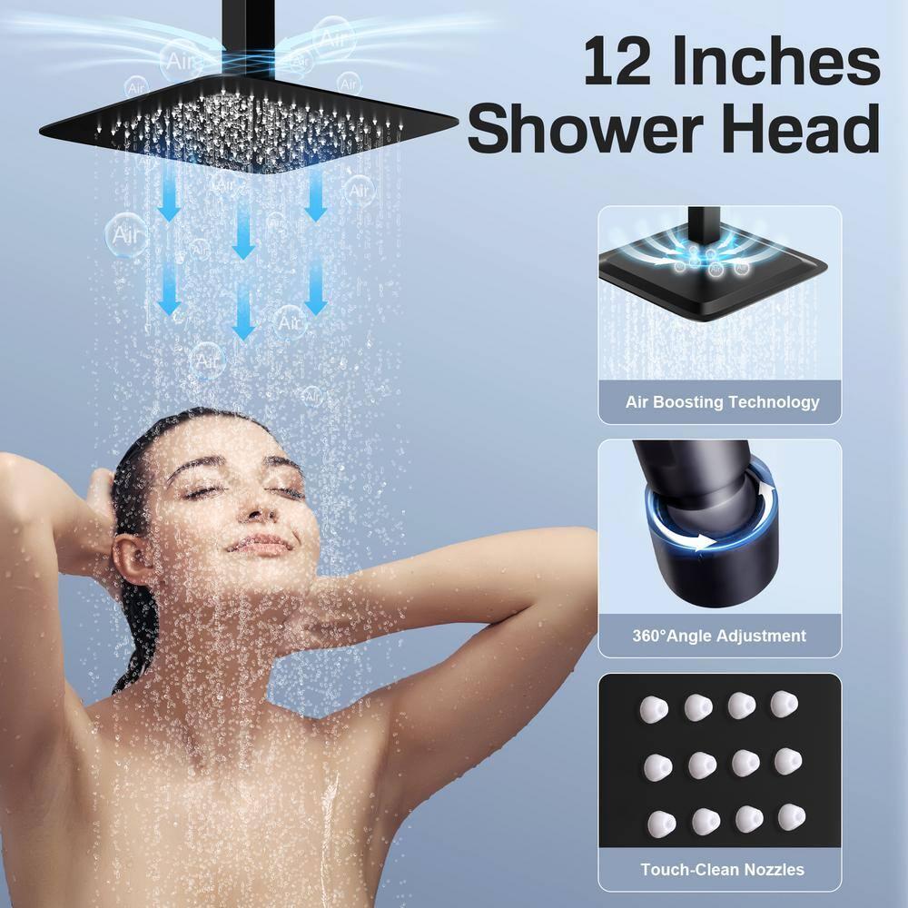 3-Function LED Light Thermostatic Rainfall Shower System with 6 Body Jets and Rough-in Valve