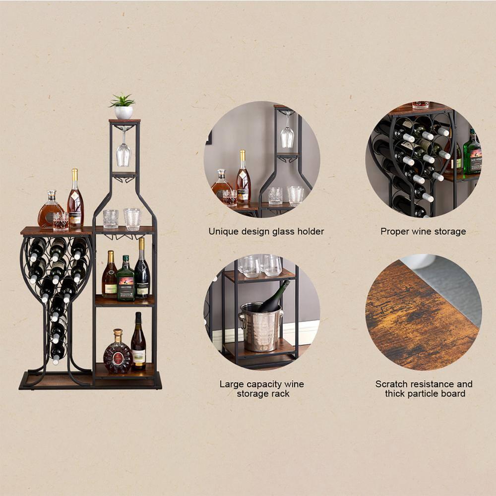 LoLado 11 Bottle Wine Bakers Rack, 5 Tier Freestanding Wine Rack with Hanging Wine Glass Holder and Storage Shelves, Wine Storage Home Bar for Liquor and Wine Storagefor Kitchen, Dining Room, Brown