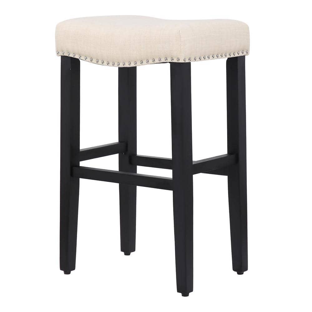Westin Outdoor Yazan 29" Upholstered Bar Stool with Nail Head Trim, Black/Beige
