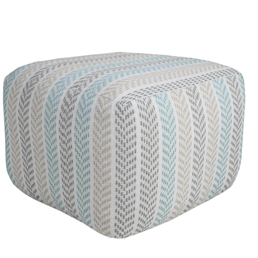 LR Home Small Chevron Indoor Square Pouf, Beige/Turquoise, 18" x 18" x 14"