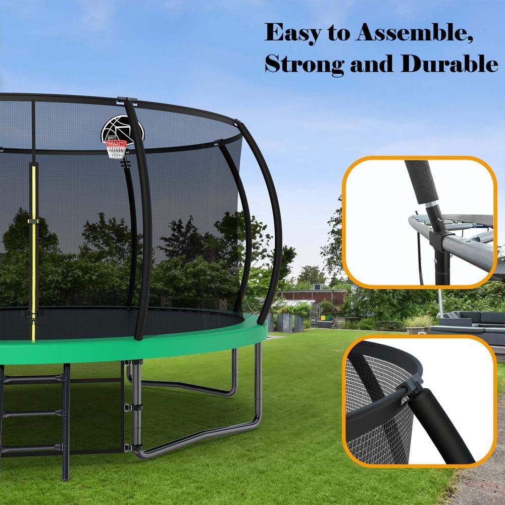 12FT Round Trampoline with Basketball Hoop for Kids, Outdoor Recreational Trampolines with Safety Enclosure Net & Ladder, 880 LBS Weight Capacity, Green